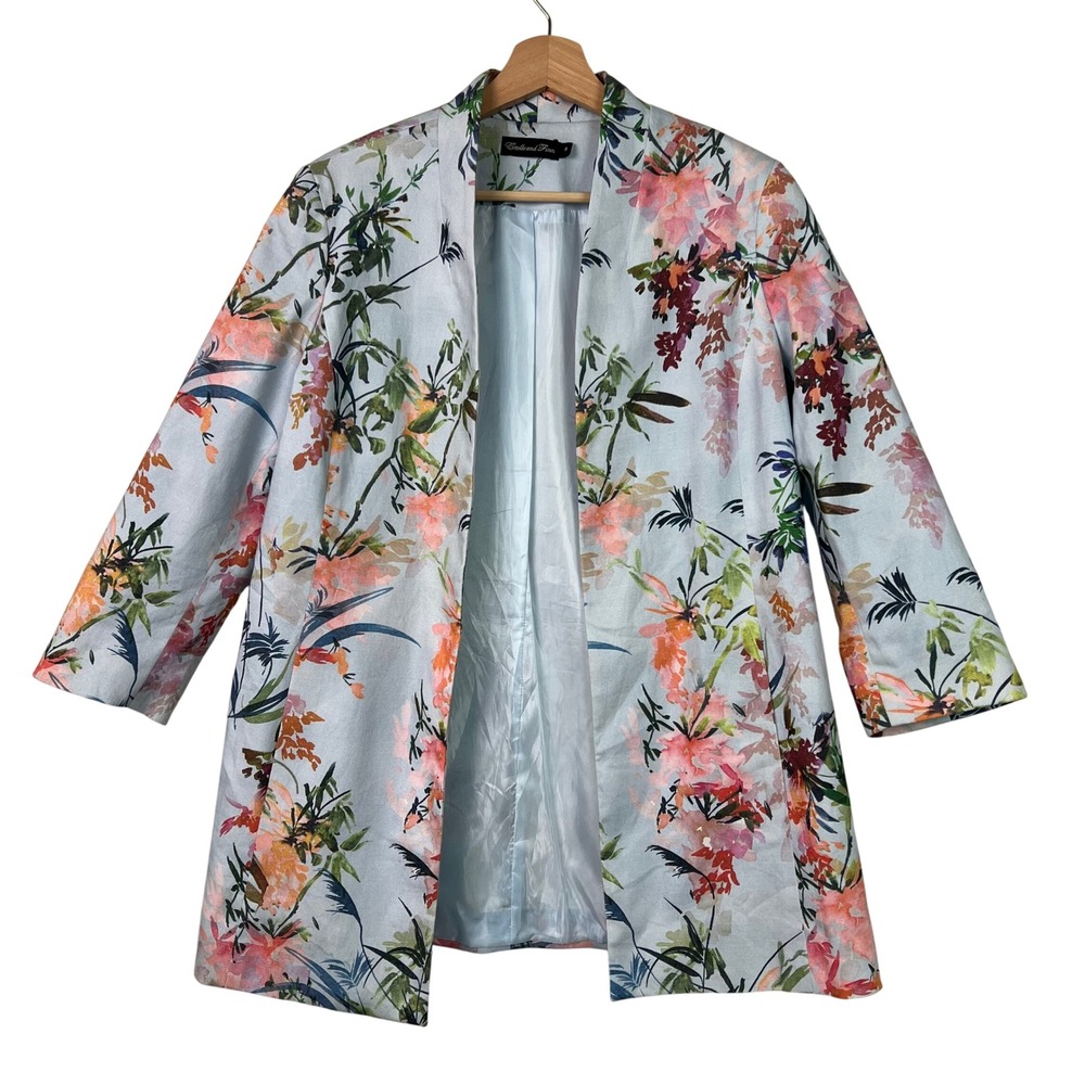 Estelle and Finn Womens Floral Open Front Swing Coat‎ Blue Size 8 Made in NY